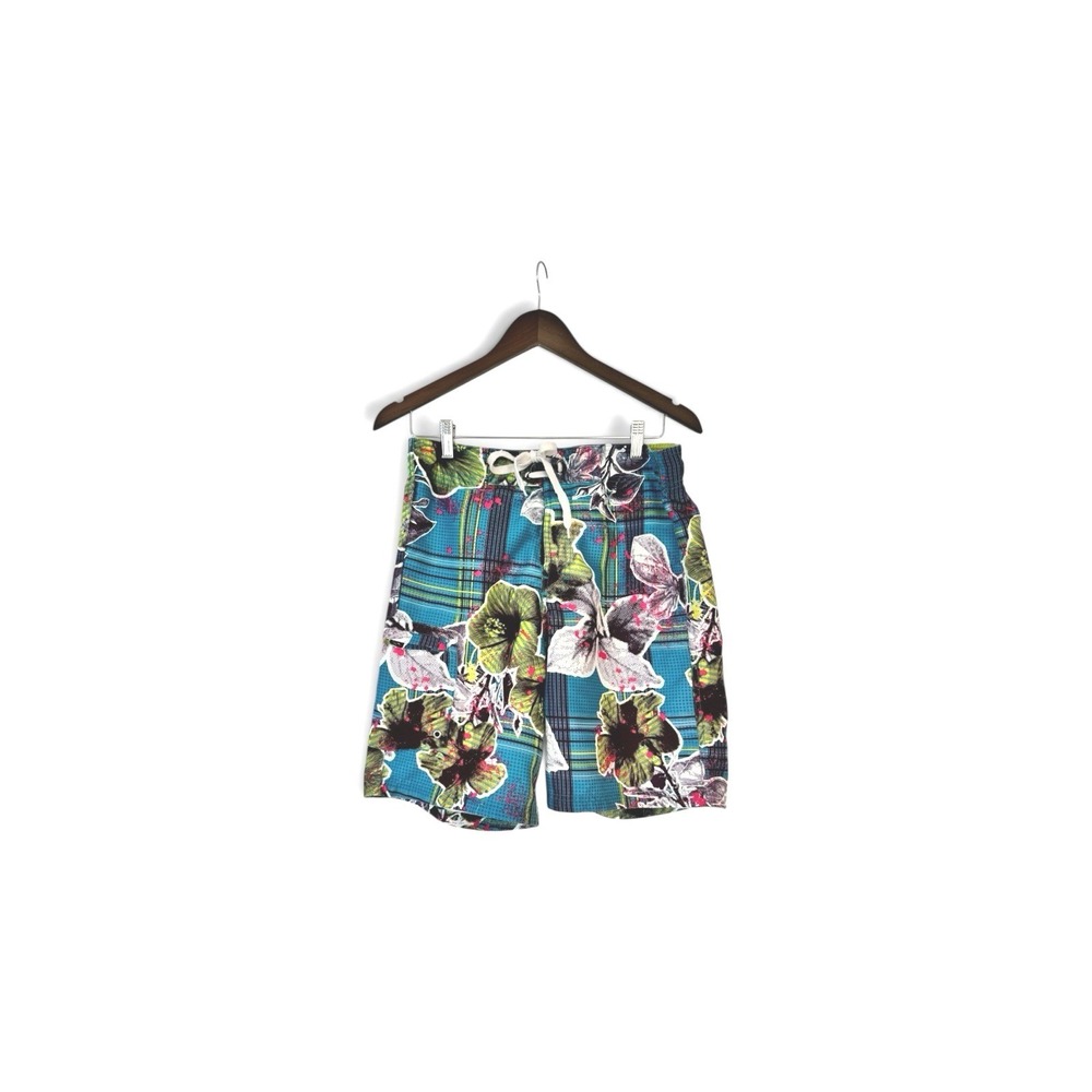 Joe‎ Boxer Mens Swim Trunks Blue Plaid Floral Tropical Board Shorts Small S/C